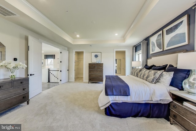 6501 Clubhouse Dr, Laurel, MD 20708 - bedroom with carpet, a tray ceiling, recessed lighting, crown molding, and a walk in closet