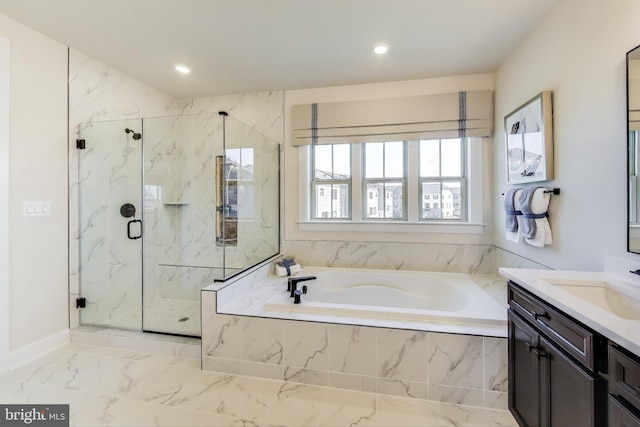 6501 Clubhouse Dr, Laurel, MD 20708 - bathroom with vanity, a bath, a marble finish shower, marble look tile flooring, and recessed lighting