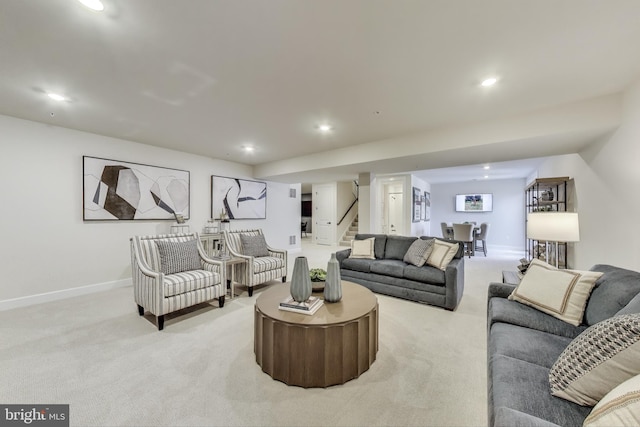 6501 Clubhouse Dr, Laurel, MD 20708 - living area with light carpet, recessed lighting, stairs, and baseboards