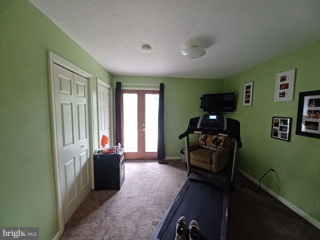 189 Columbia Dr, Kearneysville, WV 25430 - exercise room with french doors, carpet, baseboards, and a textured ceiling