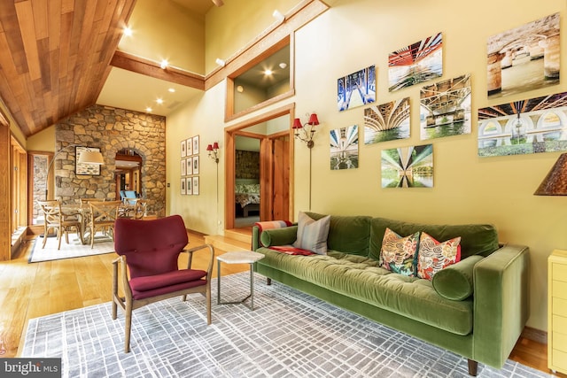 6030 Lower Mountain Rd, New Hope, PA 18938 - living room with wood finished floors, high vaulted ceiling, and beamed ceiling