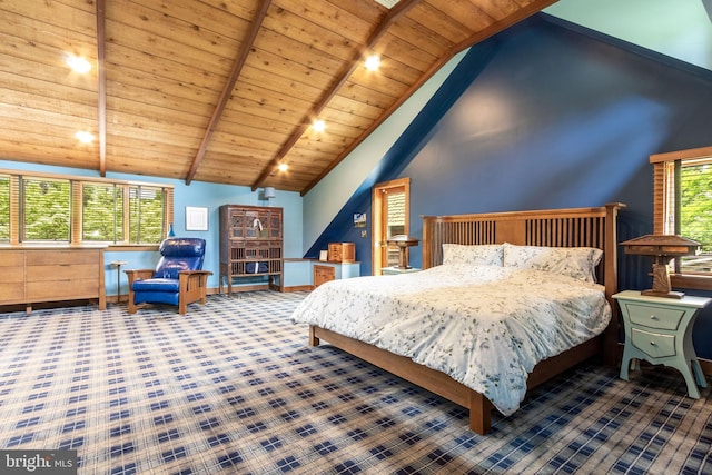 6030 Lower Mountain Rd, New Hope, PA 18938 - carpeted bedroom with wood ceiling with exposed beams and high vaulted ceiling