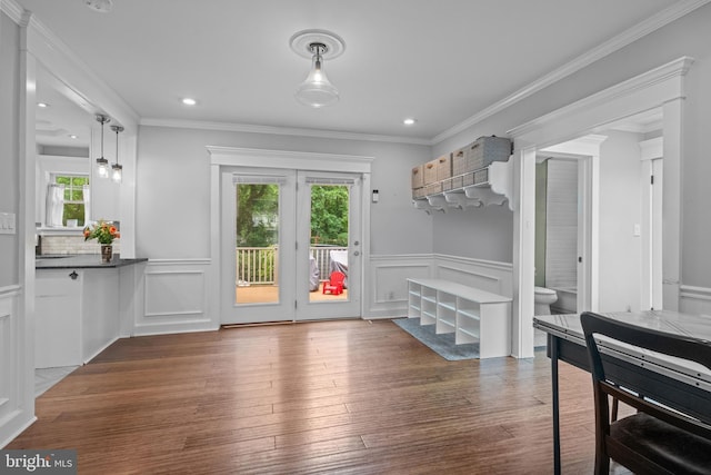 614 Maple Ave, Haddonfield, NJ 08033 - mudroom featuring a decorative wall, wood finished floors, wainscoting, recessed lighting, and crown molding