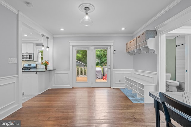 614 Maple Ave, Haddonfield, NJ 08033 - mudroom featuring hardwood / wood-style floors, a decorative wall, wainscoting, crown molding, and recessed lighting