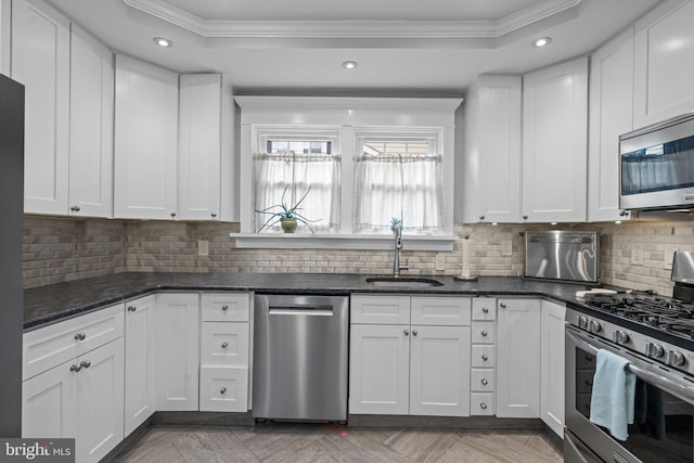614 Maple Ave, Haddonfield, NJ 08033 - kitchen with stainless steel appliances, a sink, crown molding, white cabinetry, and recessed lighting