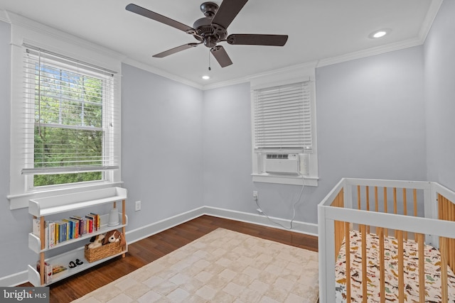 614 Maple Ave, Haddonfield, NJ 08033 - bedroom with wood finished floors, crown molding, baseboards, recessed lighting, and cooling unit