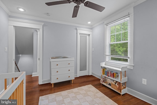 614 Maple Ave, Haddonfield, NJ 08033 - bedroom with wood finished floors, ornamental molding, recessed lighting, baseboards, and ceiling fan