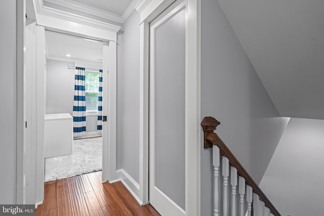 614 Maple Ave, Haddonfield, NJ 08033 - hall with dark wood-style floors, crown molding, and baseboards