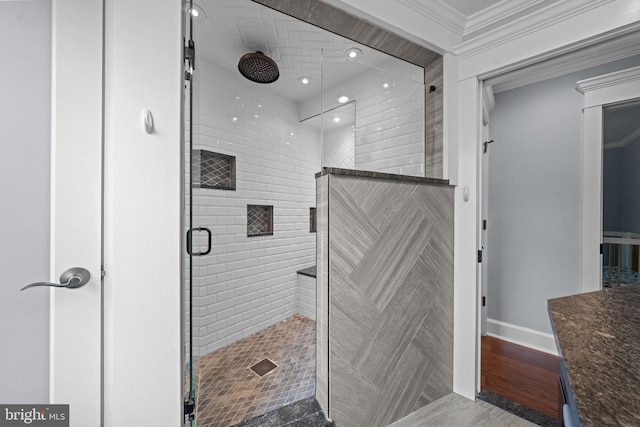 614 Maple Ave, Haddonfield, NJ 08033 - bathroom with a shower stall, baseboards, crown molding, and recessed lighting