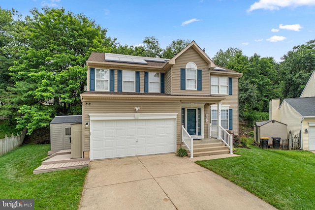 7481 Windswept Ct, Sykesville, MD 21784 - view of front of house featuring an attached garage, driveway, a front lawn, and solar panels