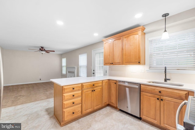 7481 Windswept Ct, Sykesville, MD 21784 - kitchen with dishwasher, a peninsula, ceiling fan, pendant lighting, and light countertops