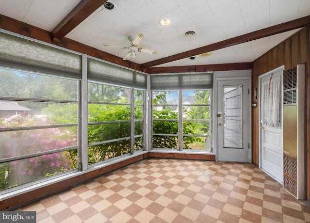 364 Driscoll Ave, Woodbury, NJ 08096 - unfurnished sunroom featuring a heating unit, ceiling fan, plenty of natural light, tile patterned floors, and beamed ceiling
