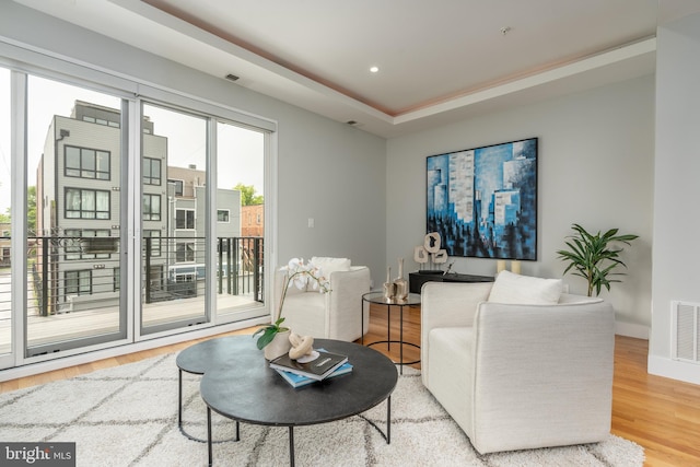 1125 Morse St NE Unit 2, Washington, DC 20002 - living room featuring wood finished floors, baseboards, a tray ceiling, and recessed lighting