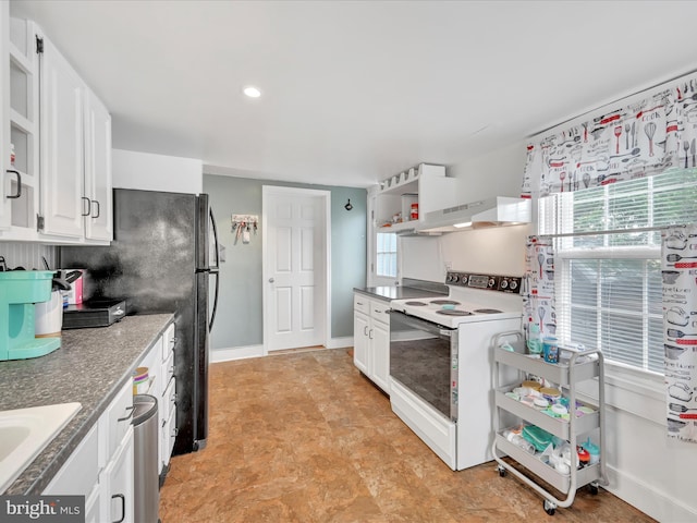 kitchen with electric stove, under cabinet range hood, open shelves, white cabinetry, and recessed lighting