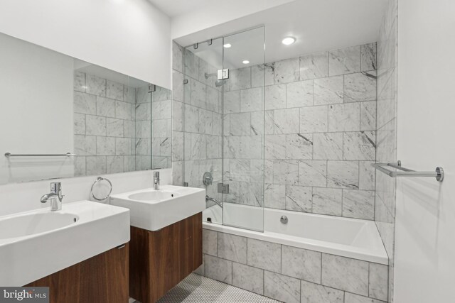 955 N American St, Philadelphia, PA 19123 - full bathroom with tiled shower / bath combo, two vanities, recessed lighting, and tile patterned floors