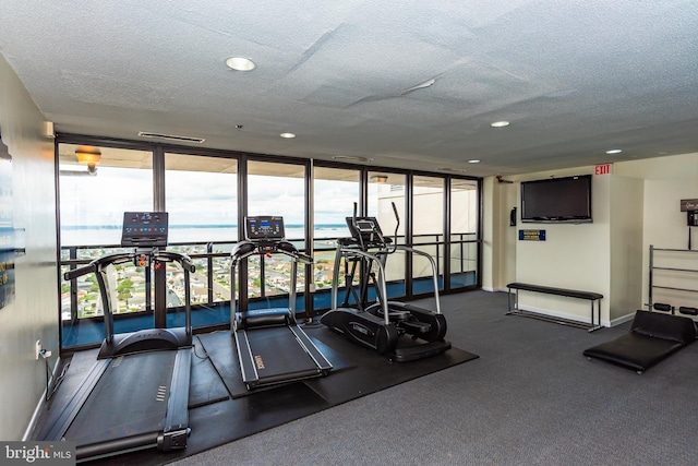 10900 Coastal Hwy Unit 209, Ocean City, MD 21842 - workout area featuring a textured ceiling, floor to ceiling windows, baseboards, and recessed lighting