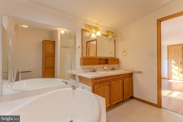 186 Hampton Dr, Chambersburg, PA 17202 - full bathroom with ornamental molding, a bath, vanity, radiator, and baseboards