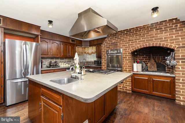 1554 Williams Grove Rd, Mechanicsburg, PA 17055 - kitchen with stainless steel appliances, a sink, ventilation hood, dark wood-style floors, and light countertops