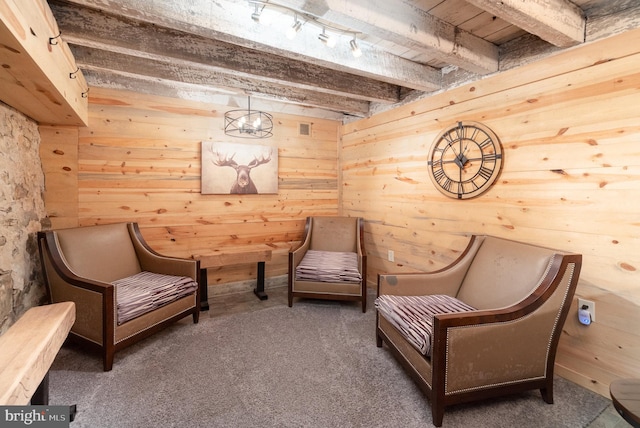 1554 Williams Grove Rd, Mechanicsburg, PA 17055 - living area with wood walls, carpet floors, and wooden ceiling with exposed beams