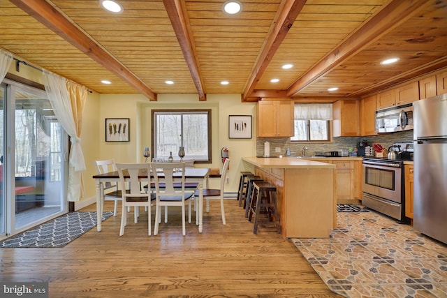 kitchen featuring stainless steel appliances, a sink, a peninsula, beam ceiling, and a kitchen breakfast bar