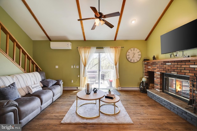 living room with an AC wall unit, a baseboard radiator, lofted ceiling, ceiling fan, and wood finished floors