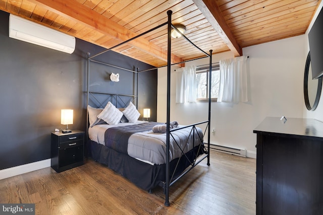 bedroom featuring baseboard heating, an AC wall unit, wood ceiling, beamed ceiling, and wood finished floors
