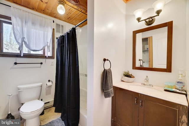 full bath with wooden ceiling, toilet, vanity, a baseboard radiator, and baseboards