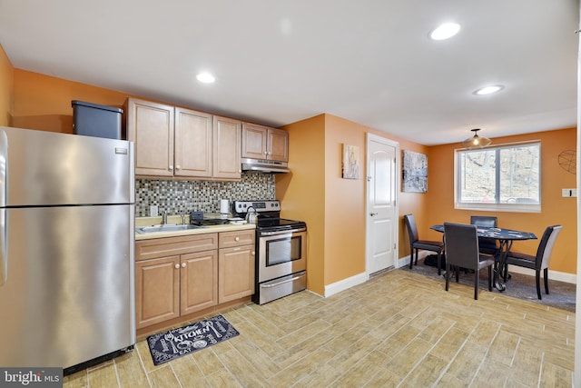 kitchen with stainless steel appliances, under cabinet range hood, a sink, baseboards, and recessed lighting