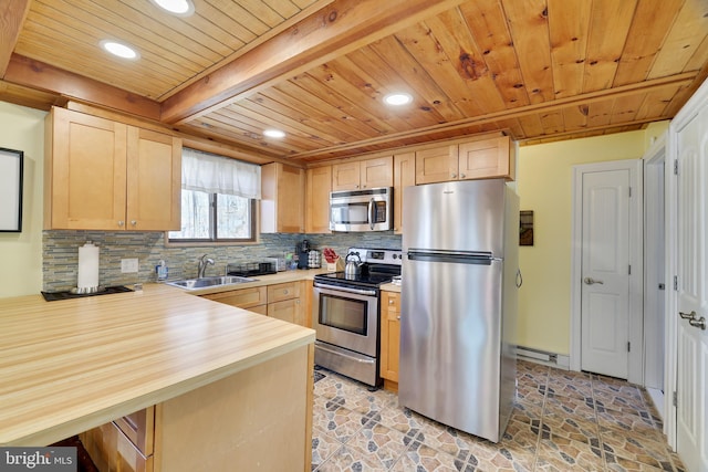 kitchen with appliances with stainless steel finishes, wood ceiling, a sink, light brown cabinets, and backsplash
