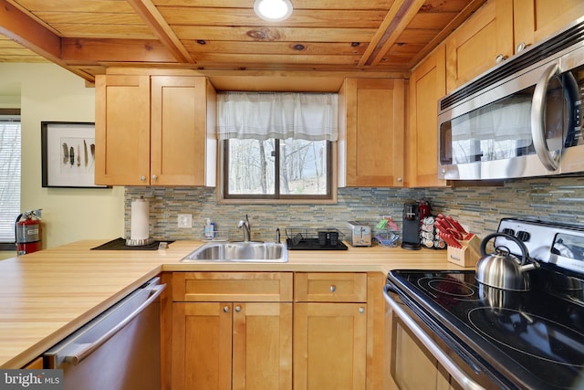 kitchen with appliances with stainless steel finishes, wood ceiling, a sink, backsplash, and light brown cabinetry