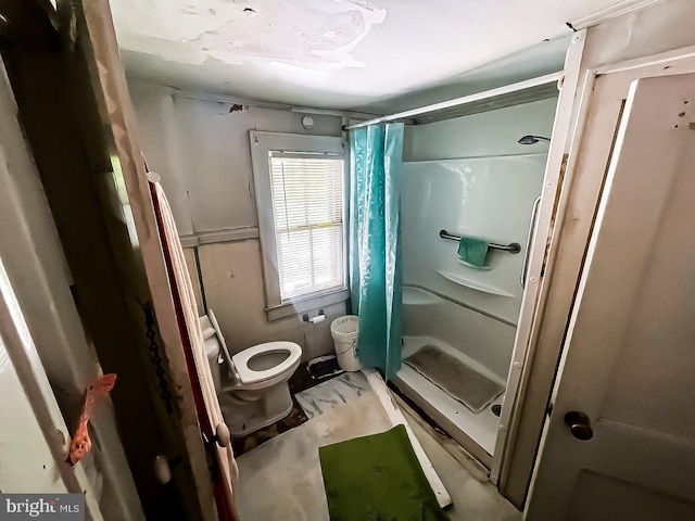 22446E Depot St, Newsoms, VA 23874 - bathroom with a stall shower, toilet, marble look tile flooring, tile walls, and wainscoting