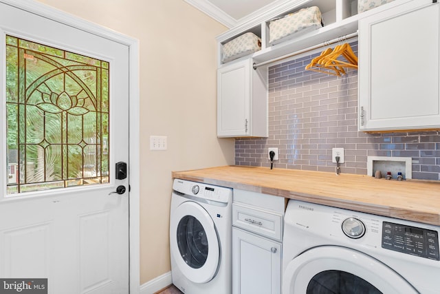 3740 Devin Ct, Huntingtown, MD 20639 - laundry area with washer and clothes dryer, cabinet space, ornamental molding, and baseboards