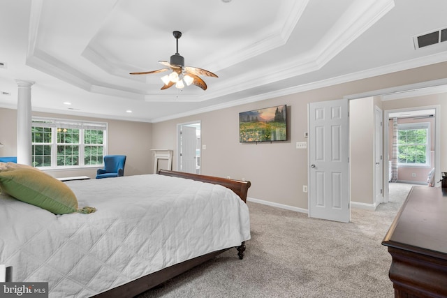 3740 Devin Ct, Huntingtown, MD 20639 - bedroom with a tray ceiling, multiple windows, ornamental molding, light colored carpet, and ceiling fan