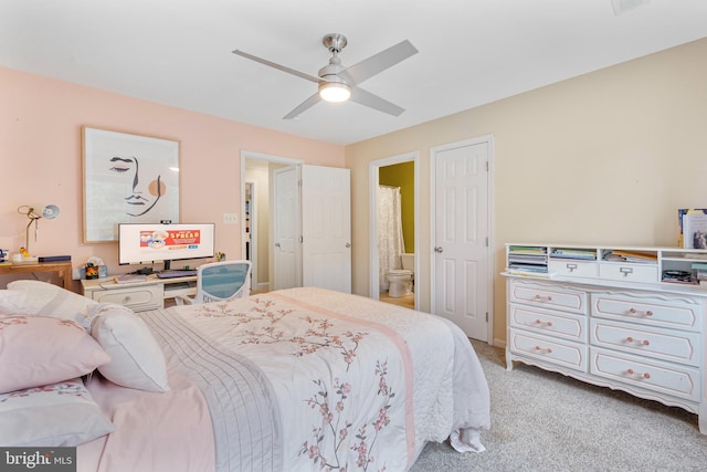 3740 Devin Ct, Huntingtown, MD 20639 - bedroom featuring light colored carpet, ensuite bath, and a ceiling fan