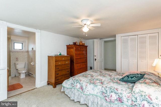 121 S Central St, Broadway, VA 22815 - bedroom with a baseboard heating unit, a closet, ceiling fan, carpet, and ensuite bath
