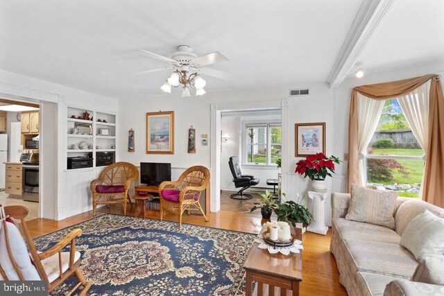 121 S Central St, Broadway, VA 22815 - living room featuring a ceiling fan, wood finished floors, and built in features