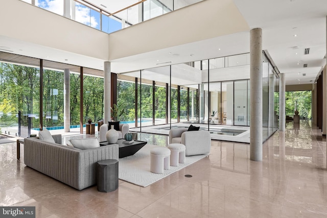 building lobby featuring a towering ceiling