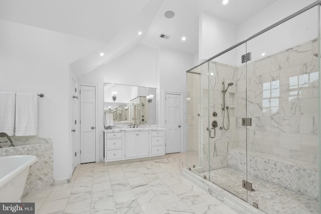 2125 Rampart Dr, Alexandria, VA 22308 - full bath featuring vanity, a marble finish shower, a freestanding tub, recessed lighting, and marble look tile flooring