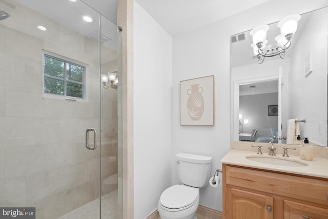2125 Rampart Dr, Alexandria, VA 22308 - bathroom featuring vanity, connected bathroom, a shower stall, toilet, and a chandelier