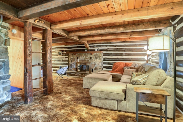 10263 Licking Creek Rd, Mifflintown, PA 17059 - living area featuring wooden ceiling with exposed beams, rustic walls, and a fireplace