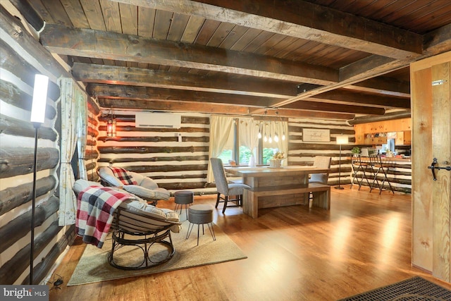 10263 Licking Creek Rd, Mifflintown, PA 17059 - sitting room featuring wood finished floors, wooden ceiling with exposed beams, a wall mounted AC, and wooden walls