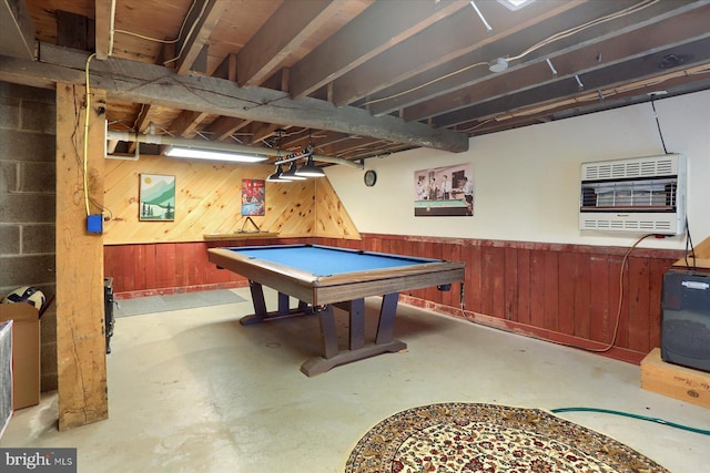 10263 Licking Creek Rd, Mifflintown, PA 17059 - game room featuring finished concrete flooring, wooden walls, billiards, and heating unit