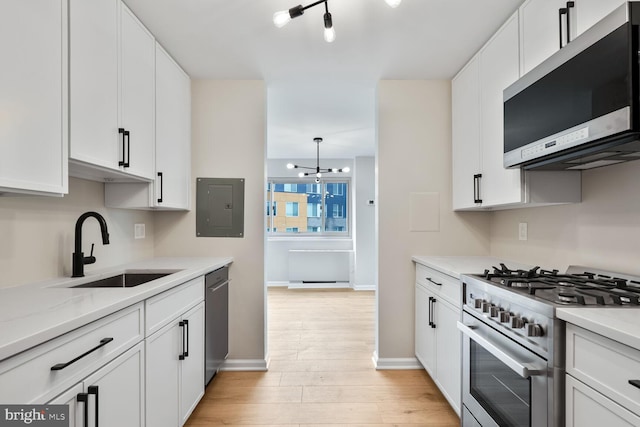 4520 King St Unit 609, Alexandria, VA 22302 - kitchen featuring appliances with stainless steel finishes, a sink, electric panel, light wood finished floors, and white cabinetry