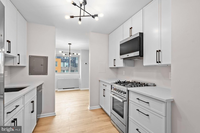 4520 King St Unit 609, Alexandria, VA 22302 - kitchen featuring a chandelier, stainless steel appliances, electric panel, and white cabinets