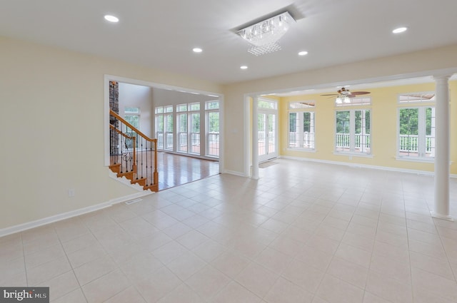6 Applewood Ct, Hainesport, NJ 08036 - unfurnished room with baseboards, a ceiling fan, recessed lighting, ornate columns, and stairs