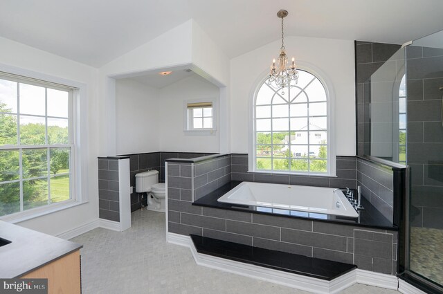 6 Applewood Ct, Hainesport, NJ 08036 - bathroom featuring lofted ceiling, toilet, a chandelier, a bath, and vanity
