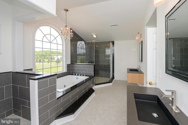 6 Applewood Ct, Hainesport, NJ 08036 - full bath featuring a jetted tub, a stall shower, a chandelier, vaulted ceiling, and vanity