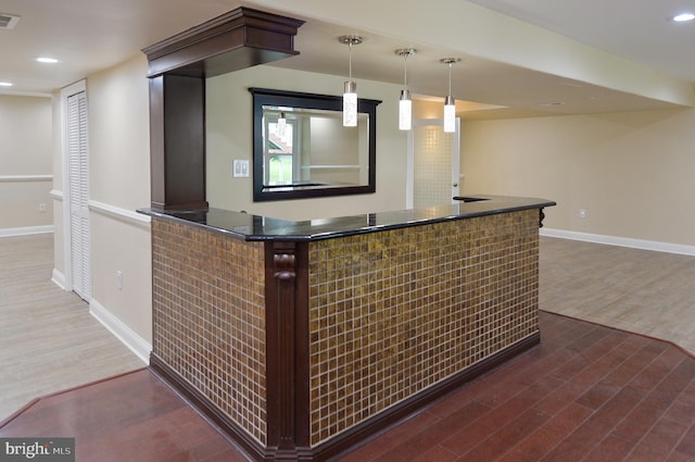 6 Applewood Ct, Hainesport, NJ 08036 - bar area featuring wood finished floors, baseboards, recessed lighting, and hanging light fixtures