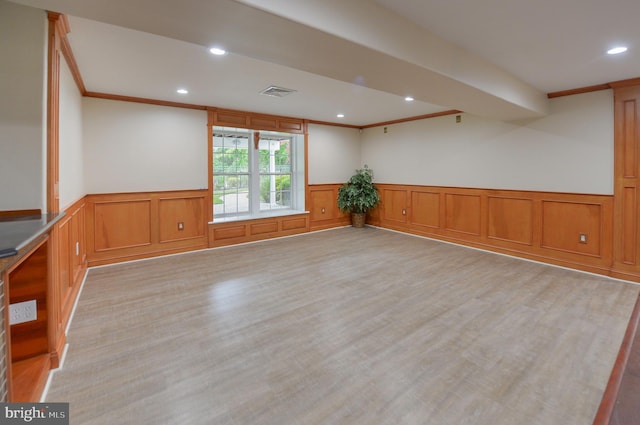 6 Applewood Ct, Hainesport, NJ 08036 - empty room with a wainscoted wall, a decorative wall, recessed lighting, ornamental molding, and light wood-style floors