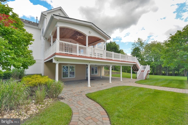 6 Applewood Ct, Hainesport, NJ 08036 - back of house featuring ceiling fan, stairs, a patio area, a lawn, and a wooden deck